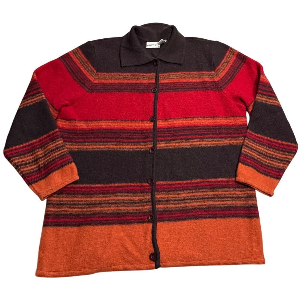 VTG Y2K Fashion Bug Sweater Button Wool Womens Plus Size 1X Stripe Orange Brown